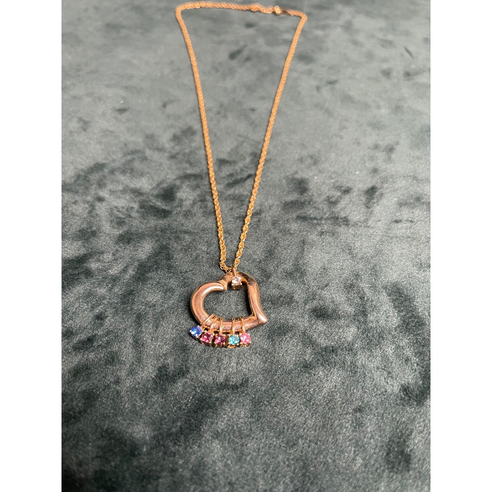 Gold Tone Open Heart Multi-Color Crystal Pendant Necklace 18 Inch Rope Chain